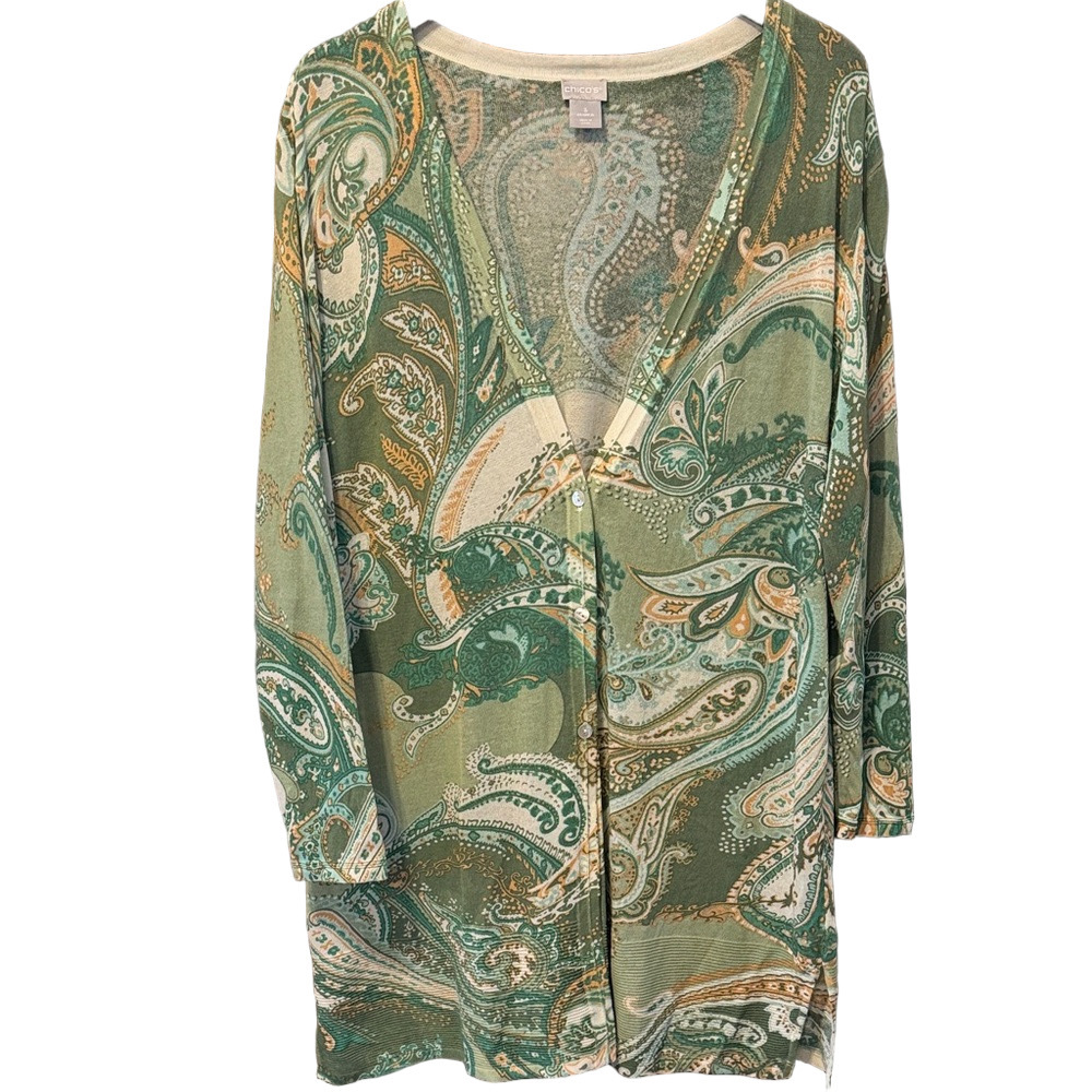 Chico's Green Paisley Lightweight Cardigan Sweater